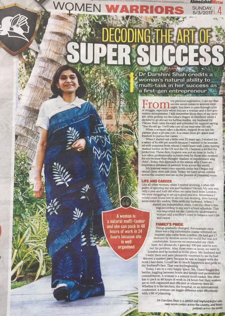 Dr. Darshini Shah Featured in Ahmedabad Mirror's Special Feature , Women Warriors .