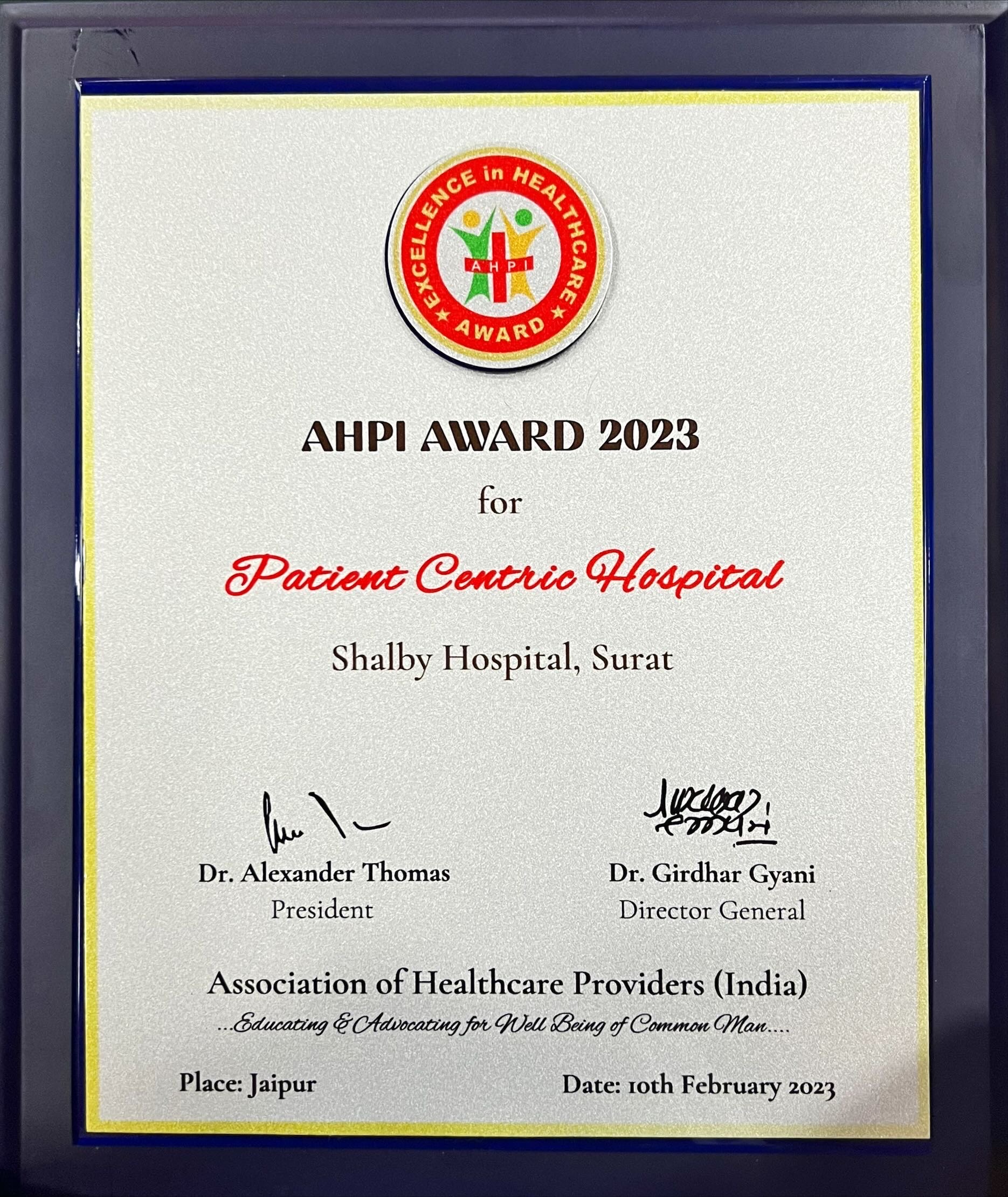 AHPI award 2023 - shalby hospital surat