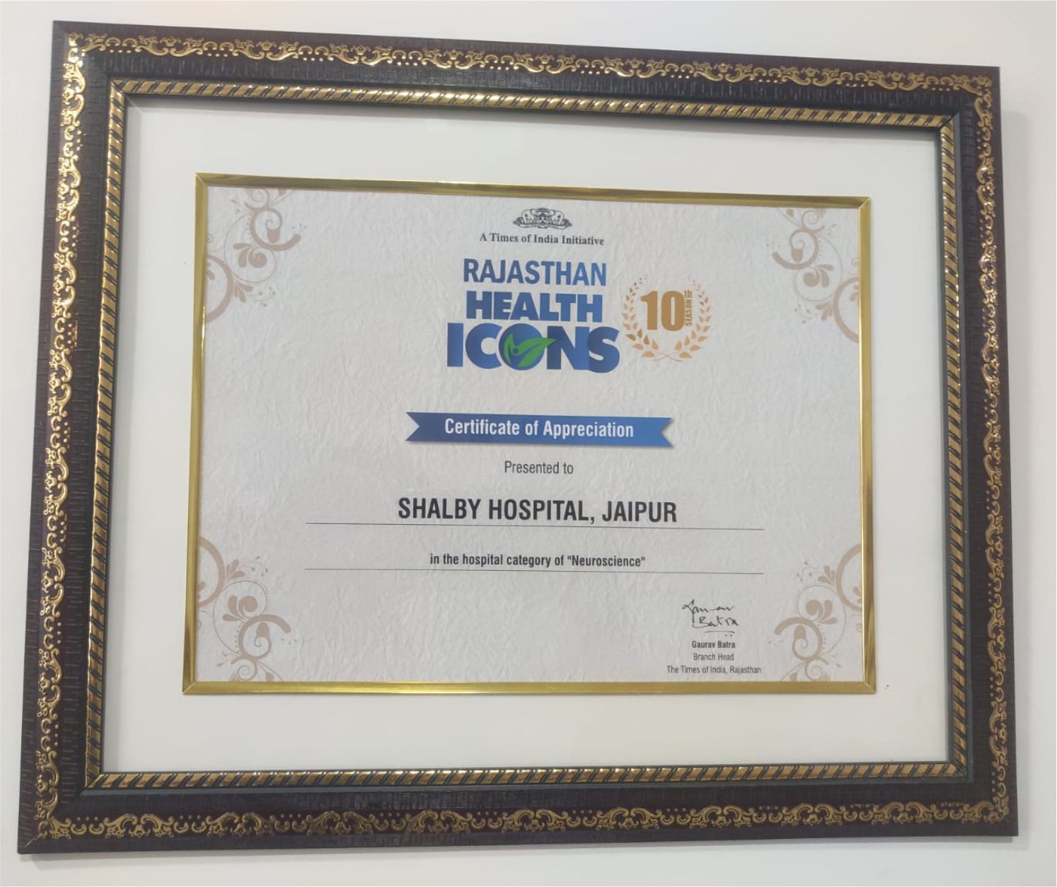 Rajasthan Health Icons award by The Times of India - shalby hospital jaipur